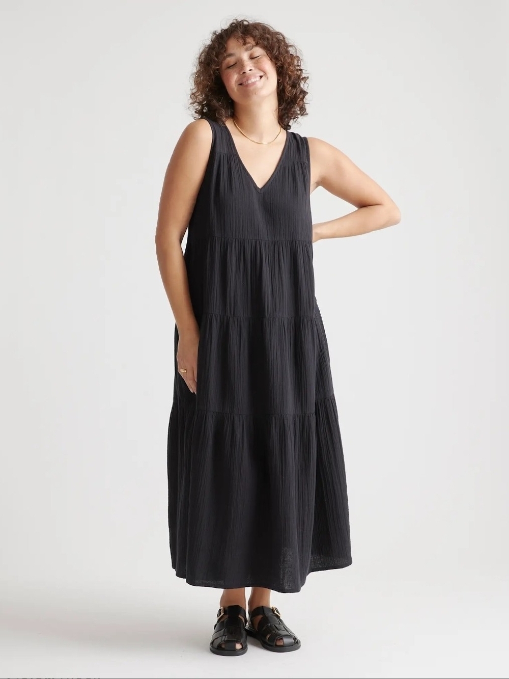 Quince Women's 100% Organic Cotton Gauze Tiered Maxi Dress Black L